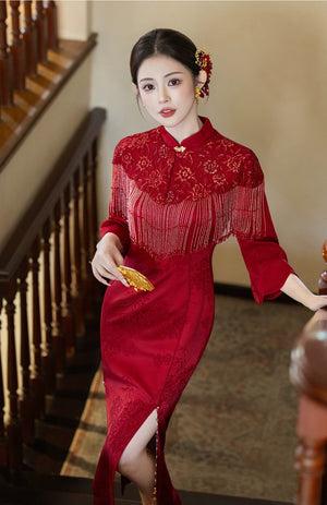 Yun Ying Red Bridal Cheongsam & Beaded Fringe Capelet — Staircase portrait showing dress and capelet