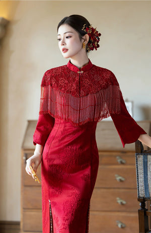 Yun Ying Red Bridal Cheongsam & Beaded Fringe Capelet — Three-quarter side view of the dress