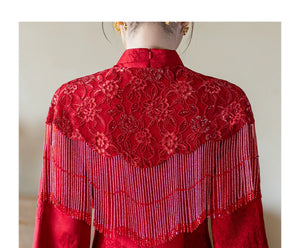 Back of the red lace and fringe capelet