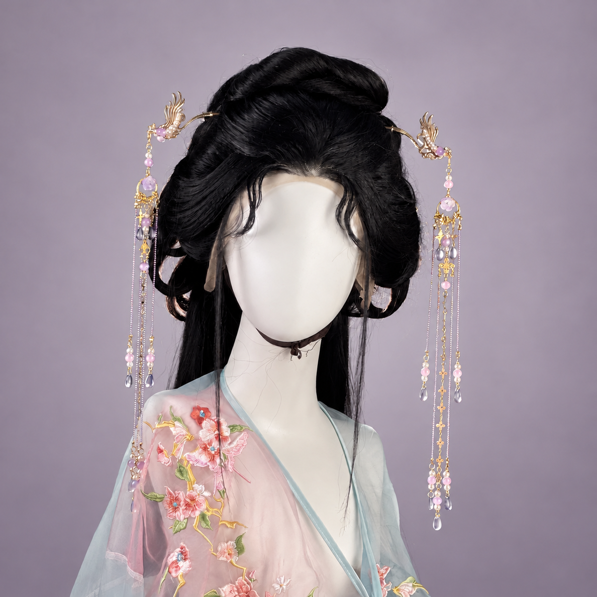 Purple beaded long tassel hairpin pair styled on a black wig