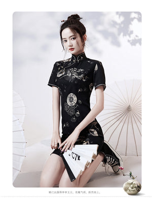 Black | Modern Chinese Qipao 【国潮】A stunning black modern Chinese Qipao dress featuring a form-fitting silhouette and intricate embroidery. The dress also features a side slit, adding a touch of glamour to this already elegant look. Perfect for special events, weddings, or a night out, this dress embodies the fusion of traditional Chinese fashion with modern elements. Shop now to upgrade your wardrobe with this beautiful and timeless piece of modern Chinese fashion.