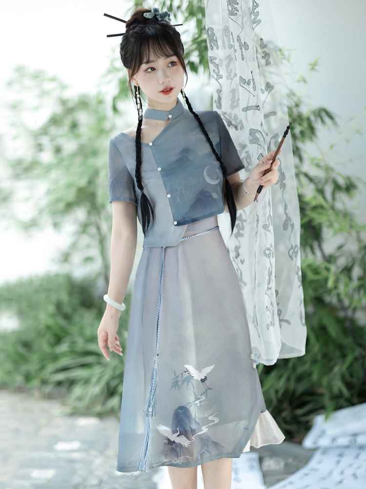 Fashion Hanfu Chinese Style Casual Summer Dress Short Blouse Skirt