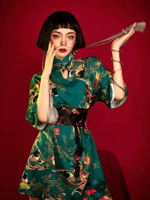 Green Mini Qipao/Cheongsam Dress - Yandan_Hanfu
