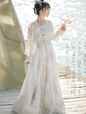 Blue Modern Hanfu Featuring a diverse collection of Hanfu styles, this display presents a blend of traditional and modern elements, from the intricate embroidery of classic Hanfu to contemporary menswear. The assortment includes authentic Tang Dynasty dresses and detailed Ming Dynasty Hanfu, alongside luxurious royal attire and scholar officials' outfits. With a special emphasis on men's Hanfu, the exhibit highlights the rich cultural tapestry of traditional Asian clothing and modern, Asian-inspired fashion