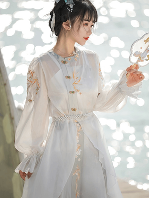 Blue Modern HanfuFeaturing a diverse collection of Hanfu styles, this display presents a blend of traditional and modern elements, from the intricate embroidery of classic Hanfu to contemporary menswear. The assortment includes authentic Tang Dynasty dresses and detailed Ming Dynasty Hanfu, alongside luxurious royal attire and scholar officials' outfits. With a special emphasis on men's Hanfu, the exhibit highlights the rich cultural tapestry of traditional Asian clothing and modern, Asian-inspired fashion