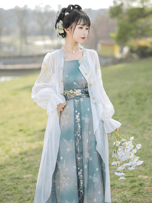 Blue Modern Hanfu Featuring a diverse collection of Hanfu styles, this display presents a blend of traditional and modern elements, from the intricate embroidery of classic Hanfu to contemporary menswear. The assortment includes authentic Tang Dynasty dresses and detailed Ming Dynasty Hanfu, alongside luxurious royal attire and scholar officials' outfits. With a special emphasis on men's Hanfu, the exhibit highlights the rich cultural tapestry of traditional Asian clothing and modern, Asian-inspired fashion