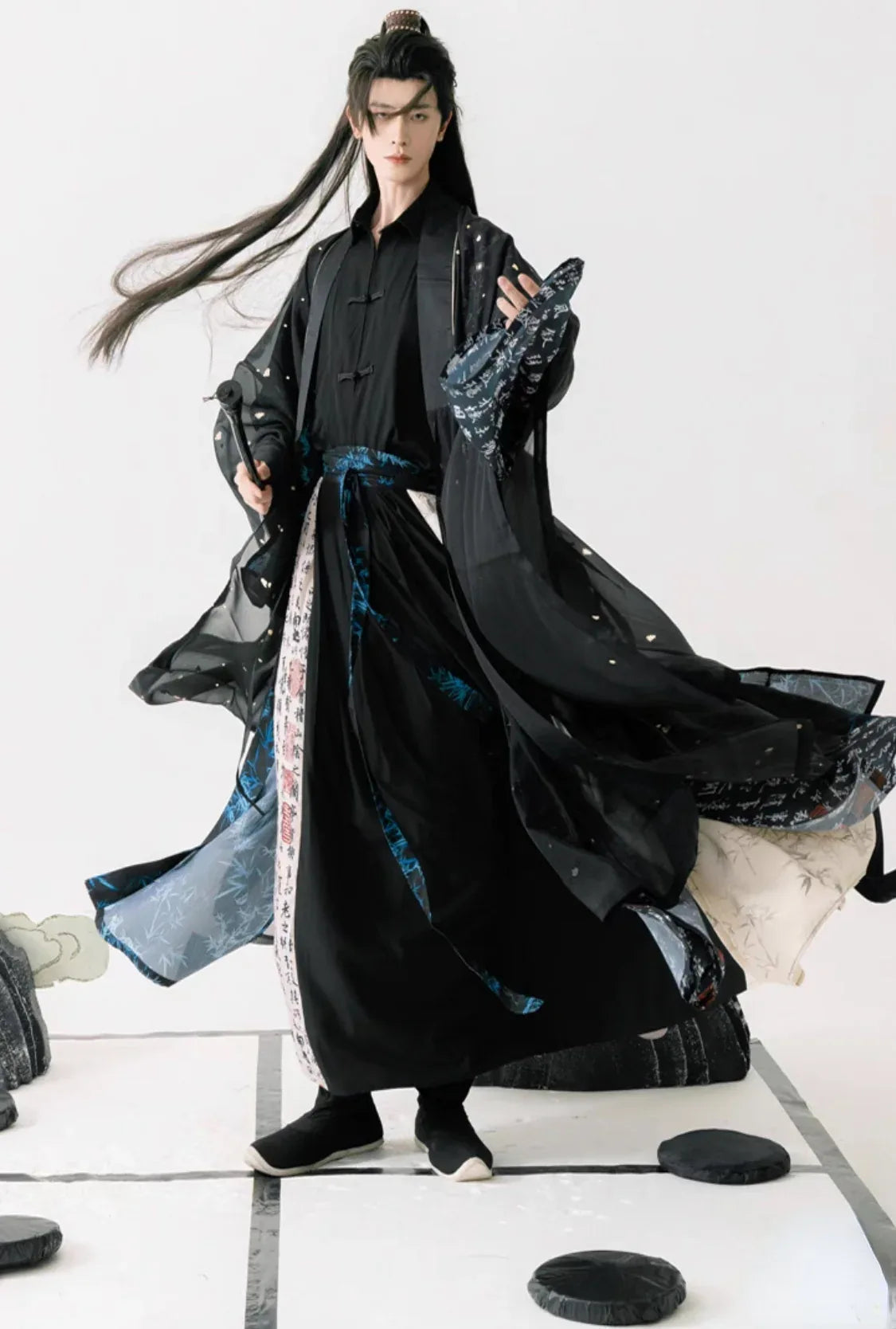Contemporary black calligraphy-themed men’s hanfu outfit