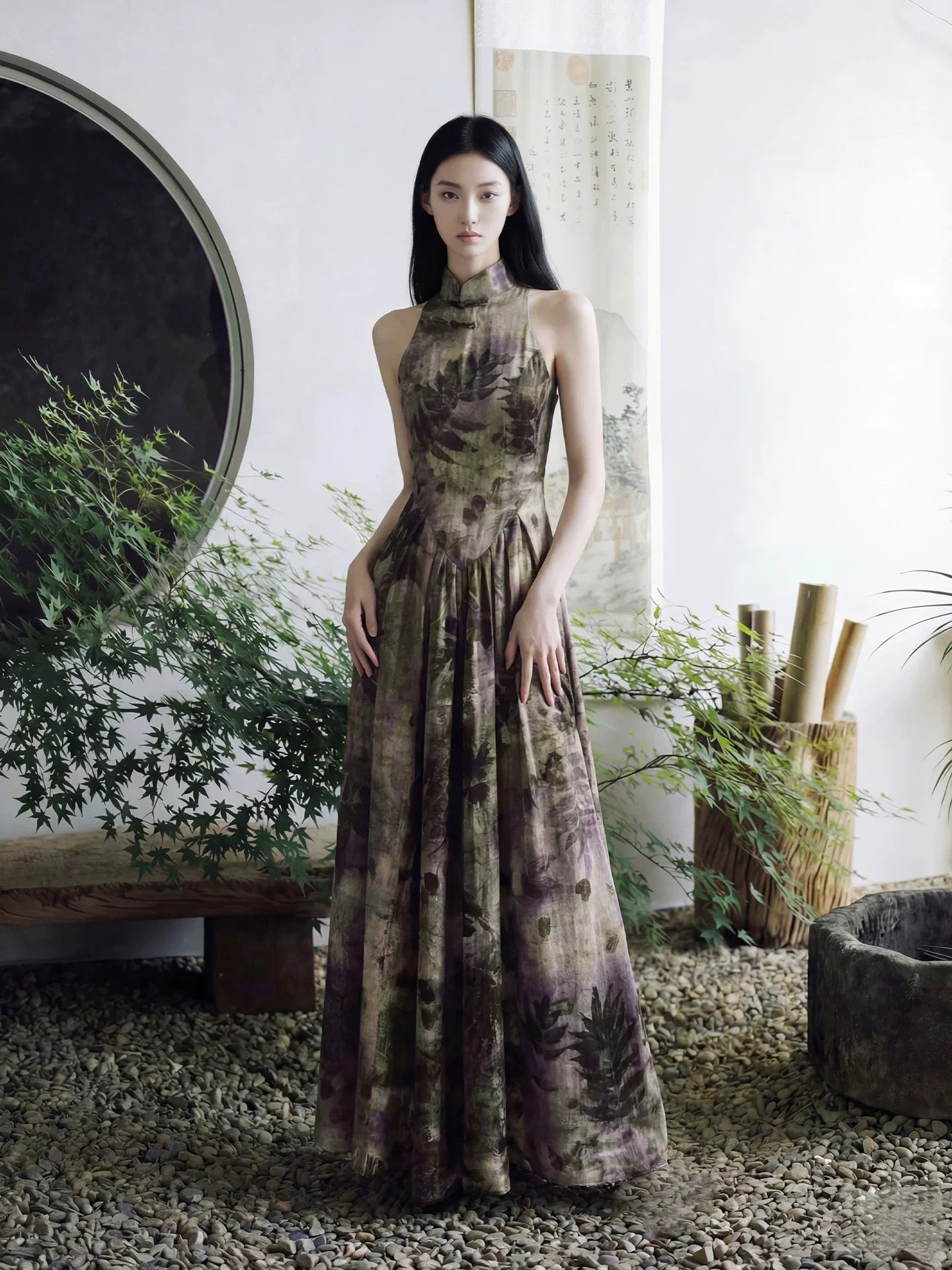 Purple improved qipao dress in plant tie-dye – Sumeru cheongsam