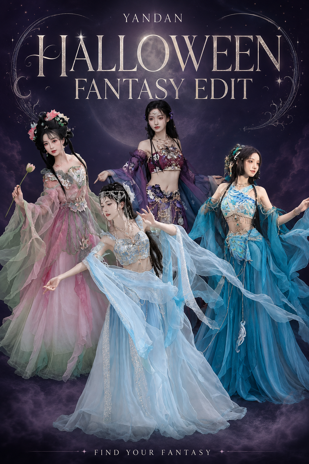 Yandan Halloween Fantasy Edit featuring Peacock Plume, GU, Dance of the Peacock and Lotus Fairy outfits