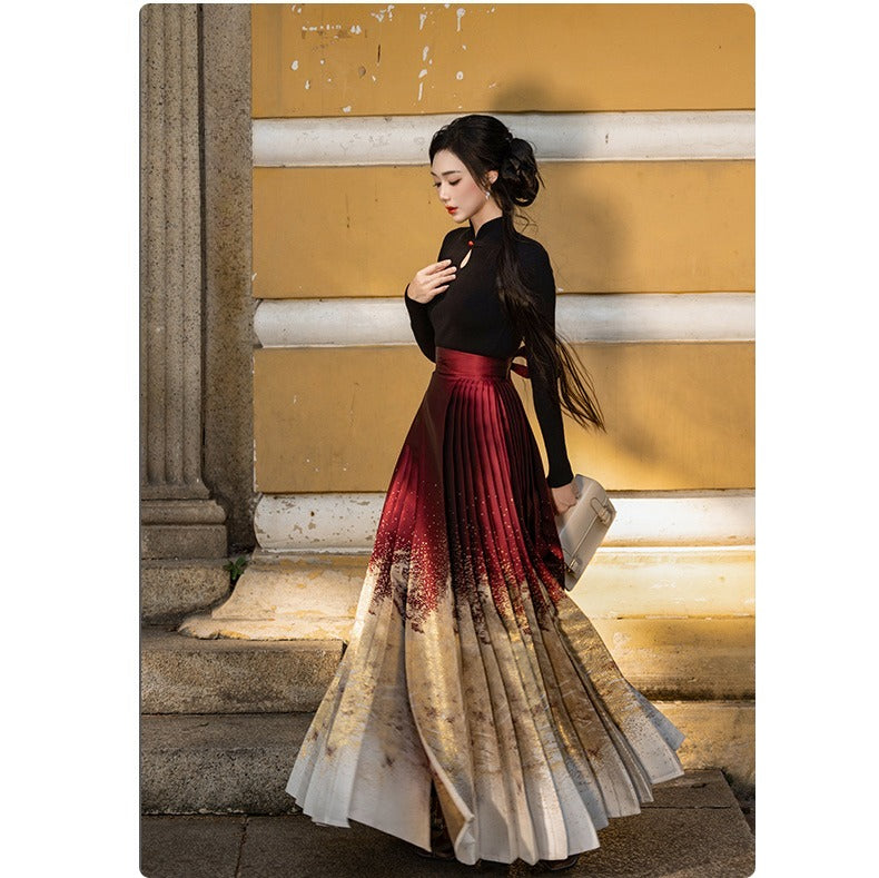 Lunar Spring River – Red Hanfu Maxi Skirt Set, New Chinese Style 6-Meter Hem Mamian Skirt with Knit Top & Wool Coat