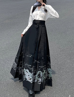 Explore modern elegance with our Black & White Shirt Women's Horse Face Skirt Suit. This ensemble blends traditional Hanfu design with contemporary flair, featuring intricate embroidery and authentic details. Embrace the timeless beauty of Hanfu fashion and make a statement with your unique style.