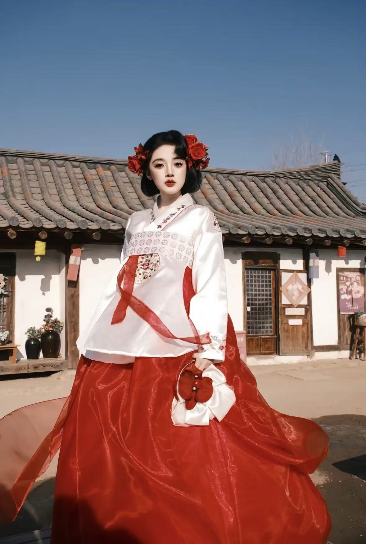 Red Hanbok with Floral Embroidery | Korean Traditional Dress One Size