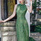 A green silk Cheongsam featuring puff sleeves, perfect for modern weddings and formal occasions. This custom-made, cosplay-friendly Cheongsam, available in plus sizes, merges tradition with modern cheongsam patterns and design elements such as short dress style and dress slits. Styled with a modern Cheongsam top, it is the epitome of contemporary fashion. Sold in USA and worldwide