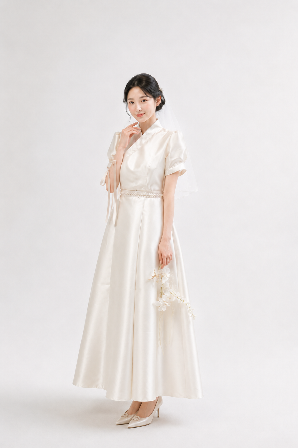 Pearl Satin Bridal Modern Hanbok Gown｜Women's White Hanbok Wedding Dress