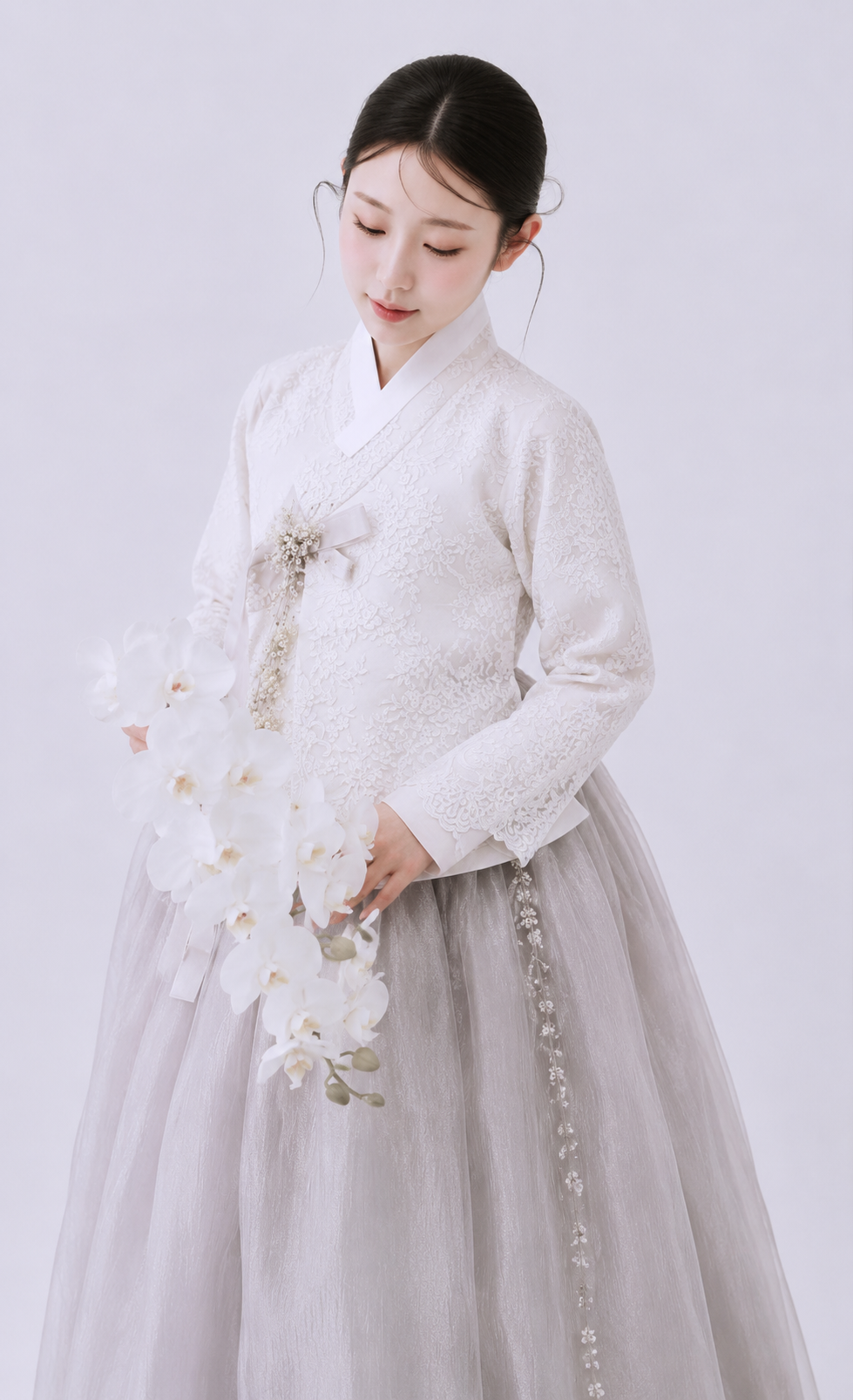 Floral Lace Embroidered Bridal Hanbok with Soft Grey Tulle Skirt & Pearl Accents