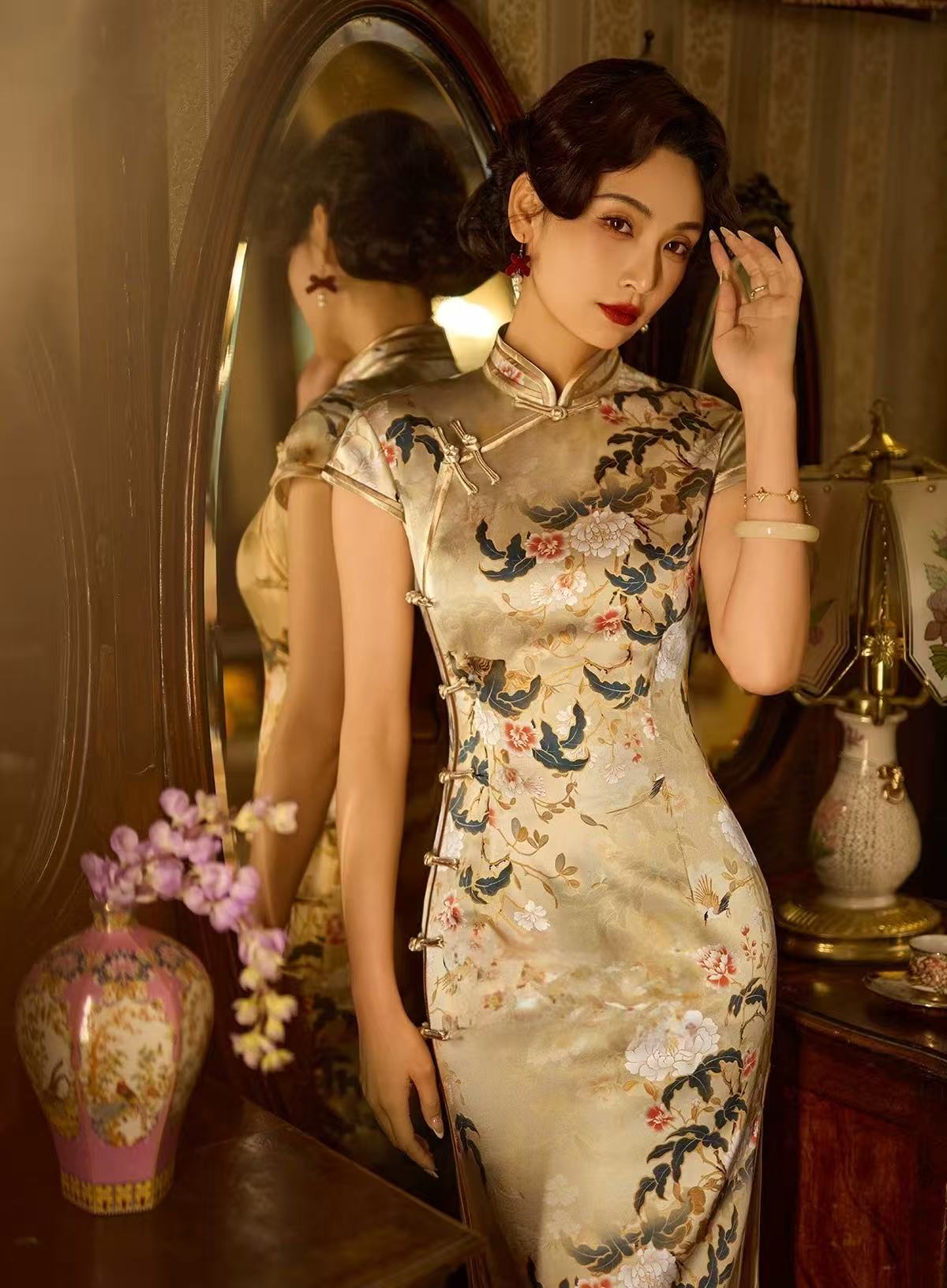 Mulberry Silk Cheongsam & Qipao Dresses | Champagne White Satin Short Sleeve Slim Maxi Dress