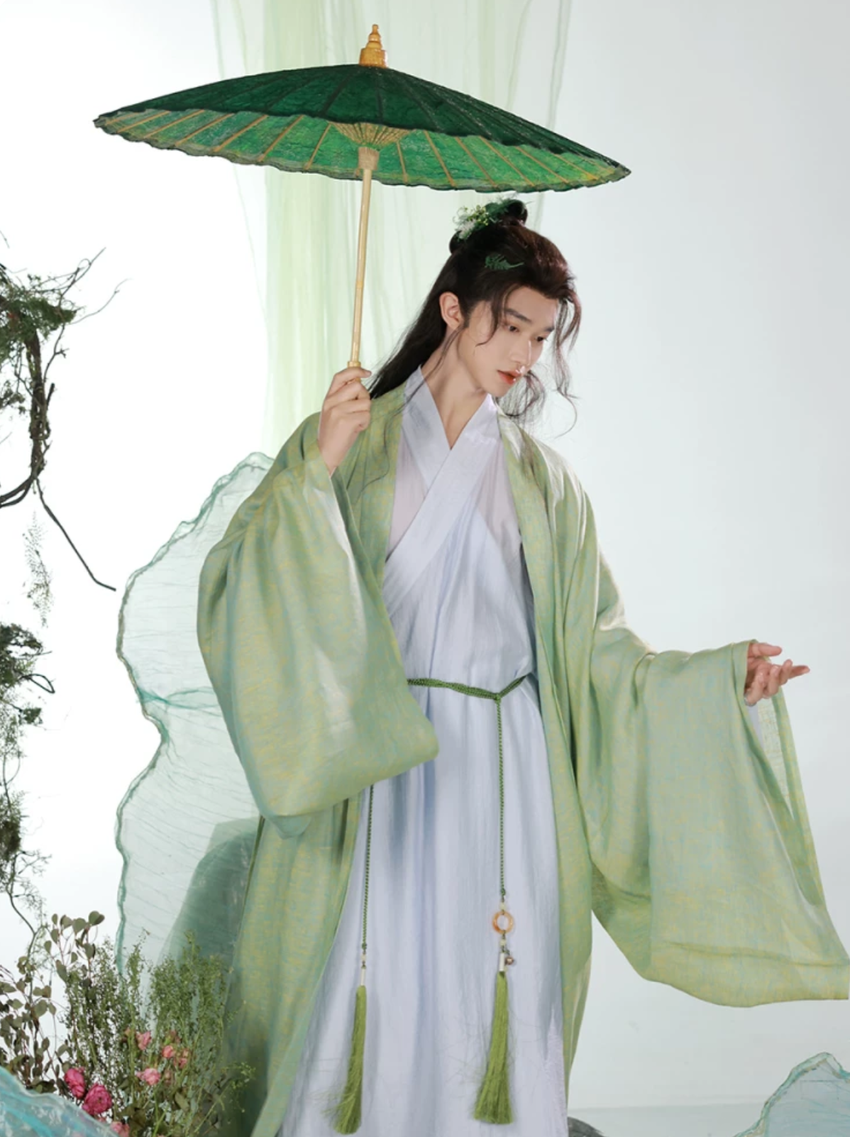 Pure Linen Men's Hanfu | Yellow Green Song Dynasty Long Beizi Unisex Wide Sleeve Robe