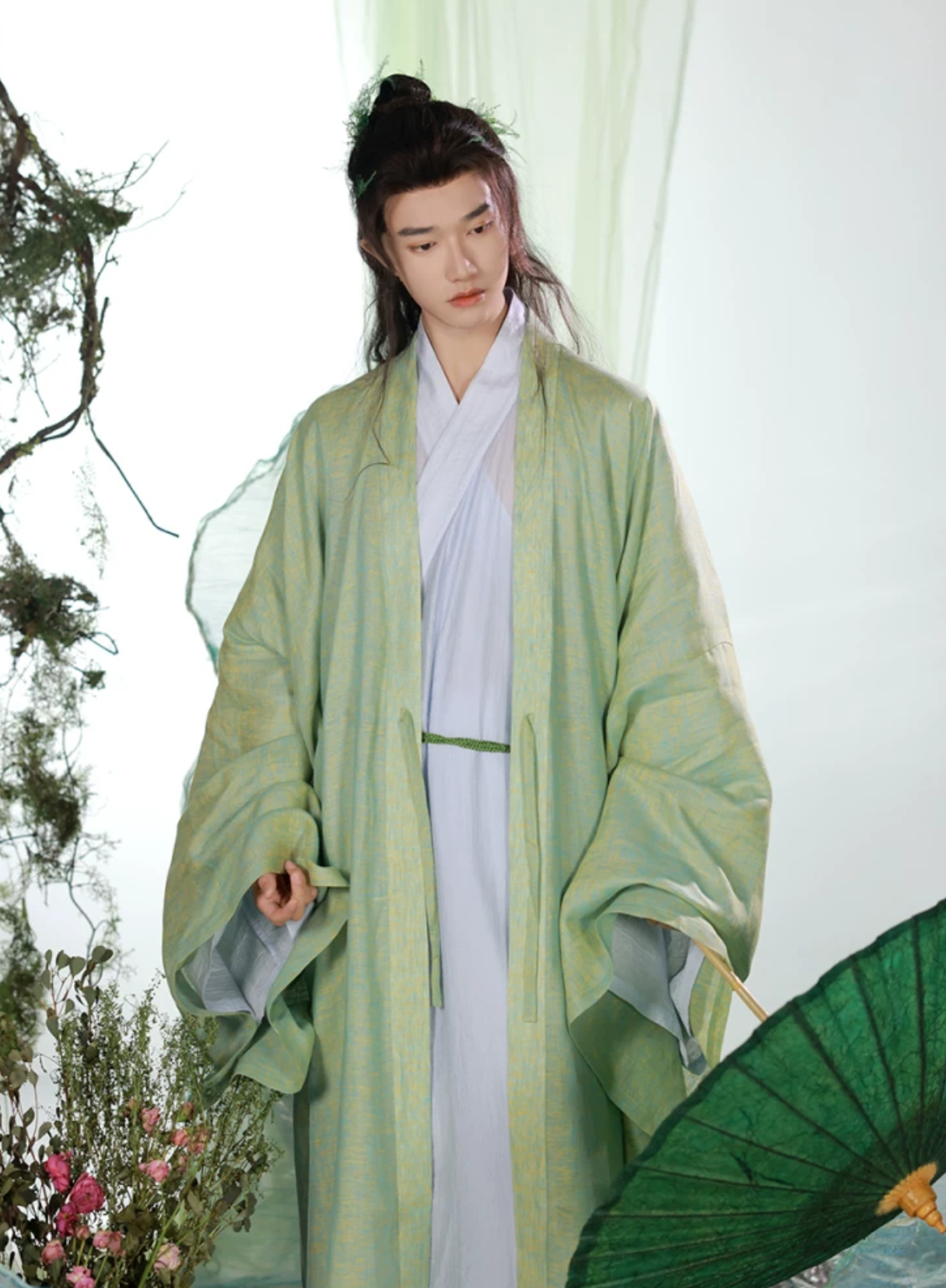 Pure Linen Men's Hanfu | Yellow Green Song Dynasty Long Beizi Unisex Wide Sleeve Robe
