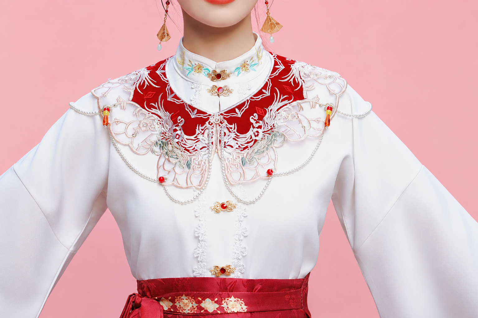 Plus Size Mamian Skirt Set | Red Gold Phoenix Embroidered Mamian Skirt & White Long Sleeve Top | Chinese Wedding Toast Dress