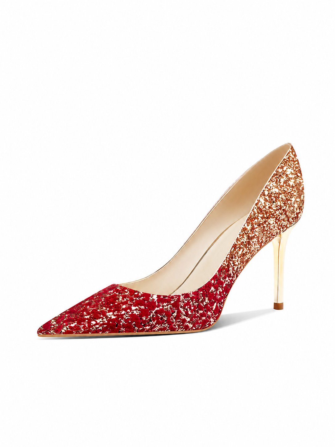 Chinese Wedding Heels | Red Gold Glitter Gradient Pointed Toe Stiletto Pumps