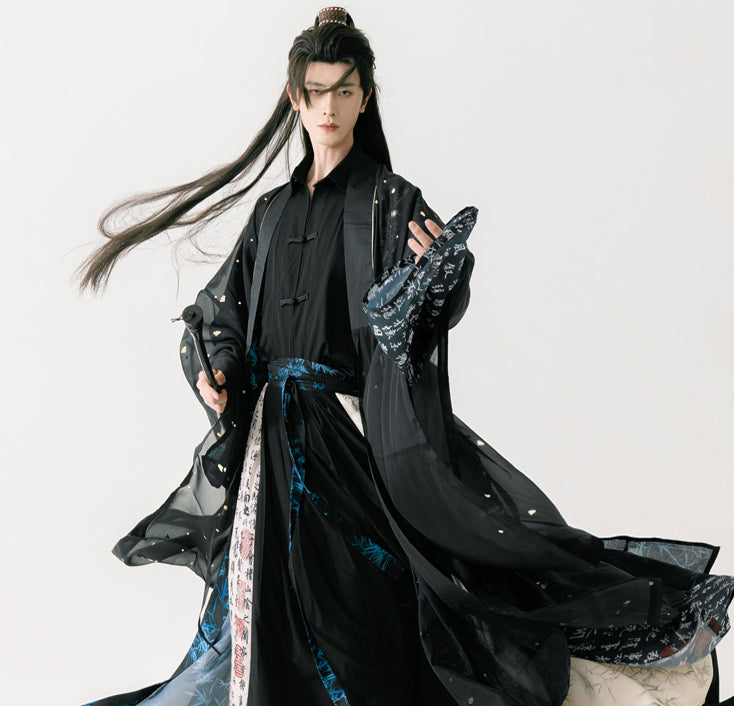 Experience the elegance of the Song Dynasty with our Calligraphy Hanfu Men's Cloak Large Sleeve Shirt Black Suit. Inspired by Chinese calligraphy and cultural aesthetics, each piece embodies timeless sophistication. Elevate your wardrobe with our fusion of classic and contemporary Hanfu styles.