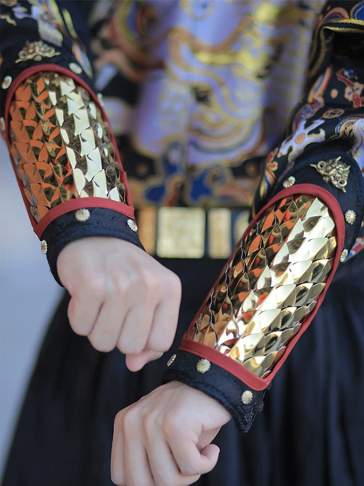 Silver 304 stainless steel dragon-scale Hanfu forearm guards shown as a matching pair