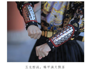 Pair of silver dragon-scale arm guards crossed over an embroidered traditional Chinese robe