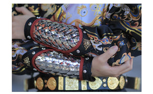 Gold and silver dragon-scale Hanfu arm guards displayed together as matching pairs
