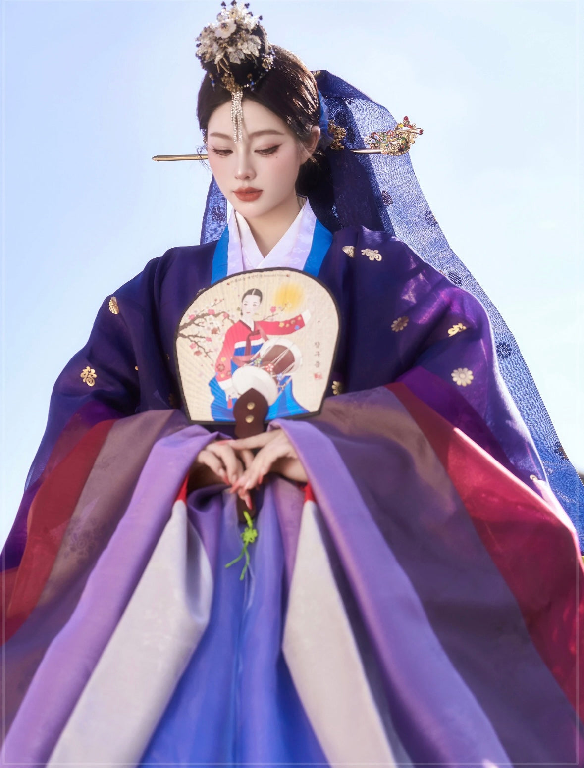 Blue&Purple Korean Hanbok Princess Dress – Women's Traditional Joseon-Style Outfit for Photoshoots & Special Occasions