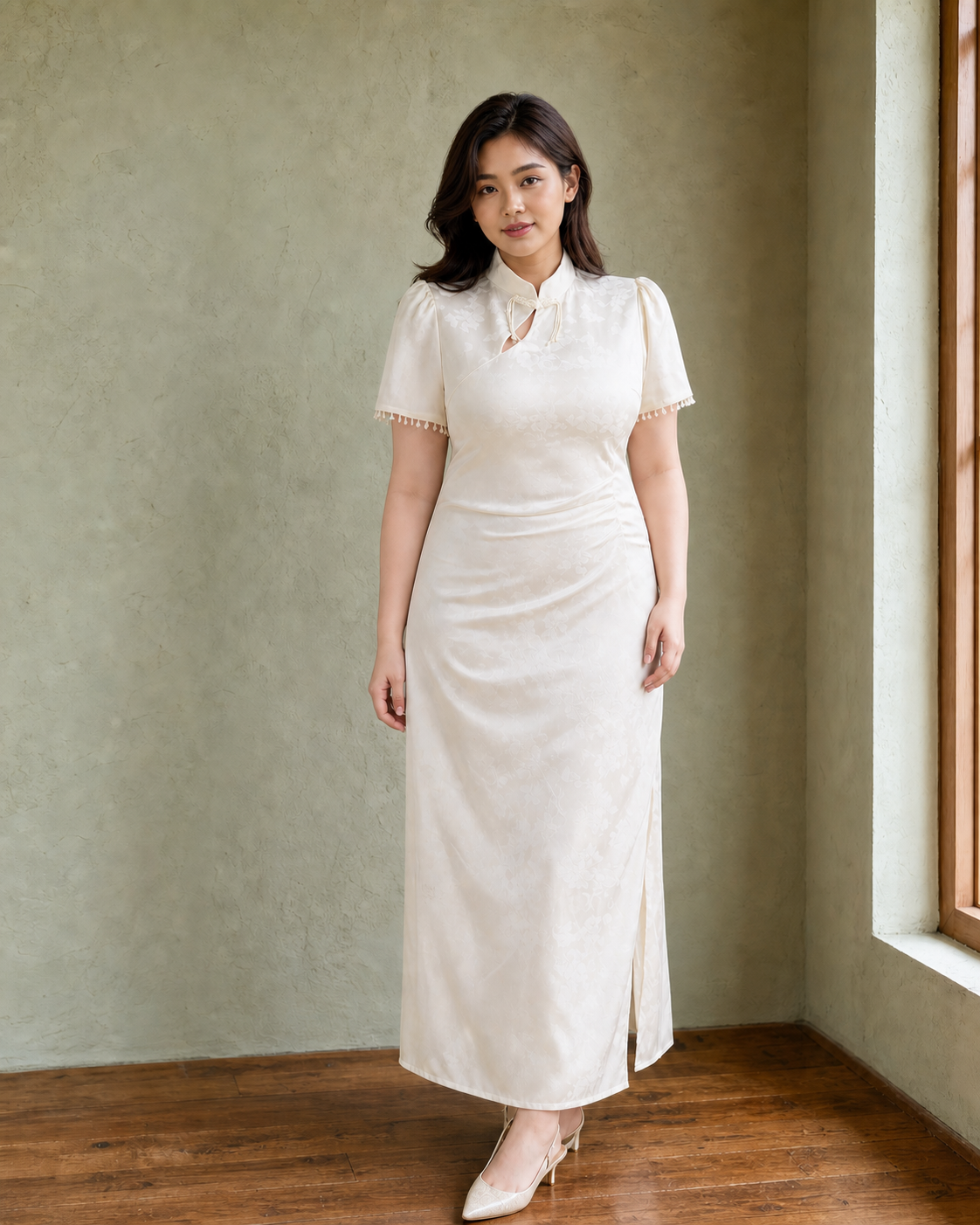 Plus size cream ivory pearl fringe qipao Malaysian model view 1