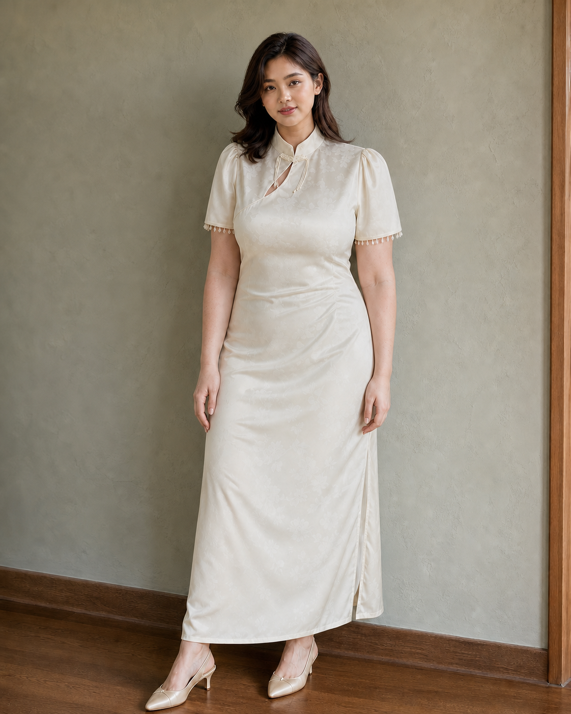 Plus size cream ivory pearl fringe qipao Malaysian model view 4