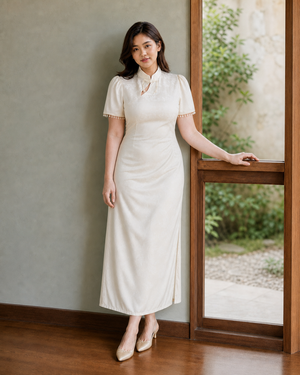 Plus size cream ivory pearl fringe qipao Malaysian model view 5