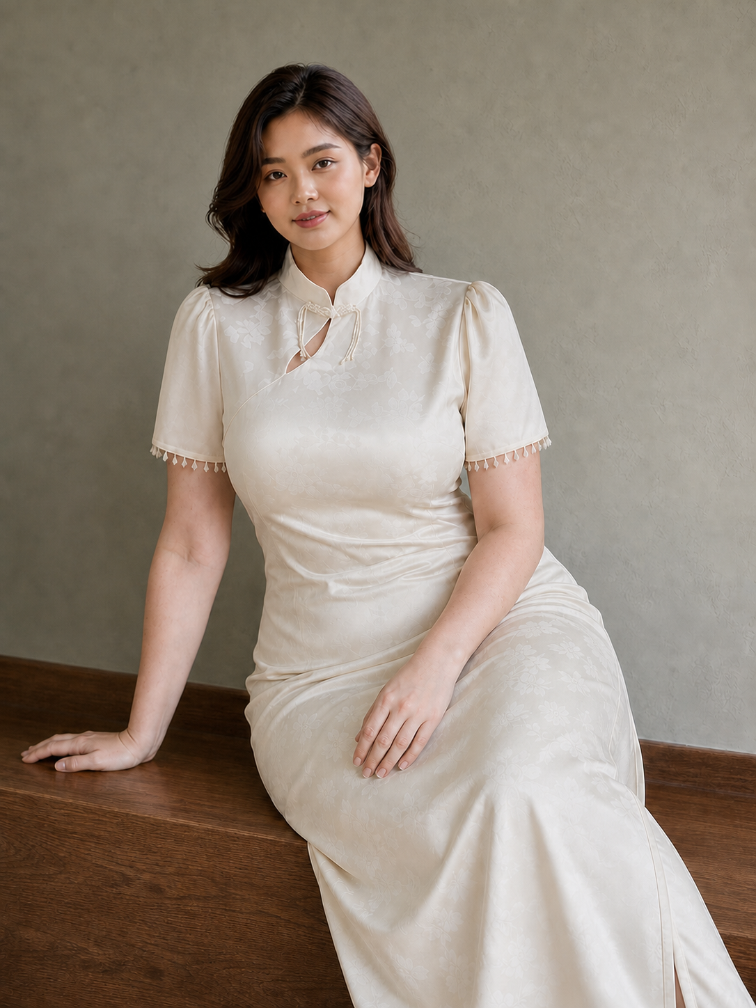 Plus size cream ivory pearl fringe qipao Malaysian model view 6