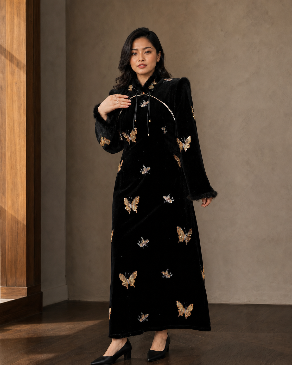 Plus size black velvet gold butterfly qipao Malaysian model view 1