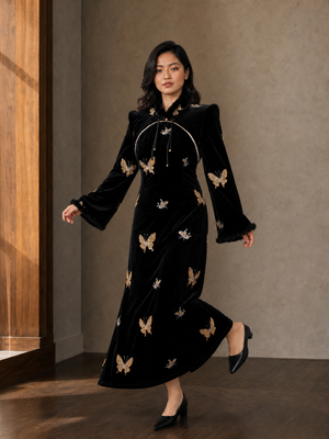 Plus size black velvet gold butterfly qipao Malaysian model view 2