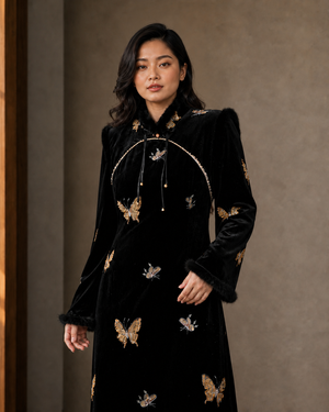 Plus size black velvet gold butterfly qipao Malaysian model view 3