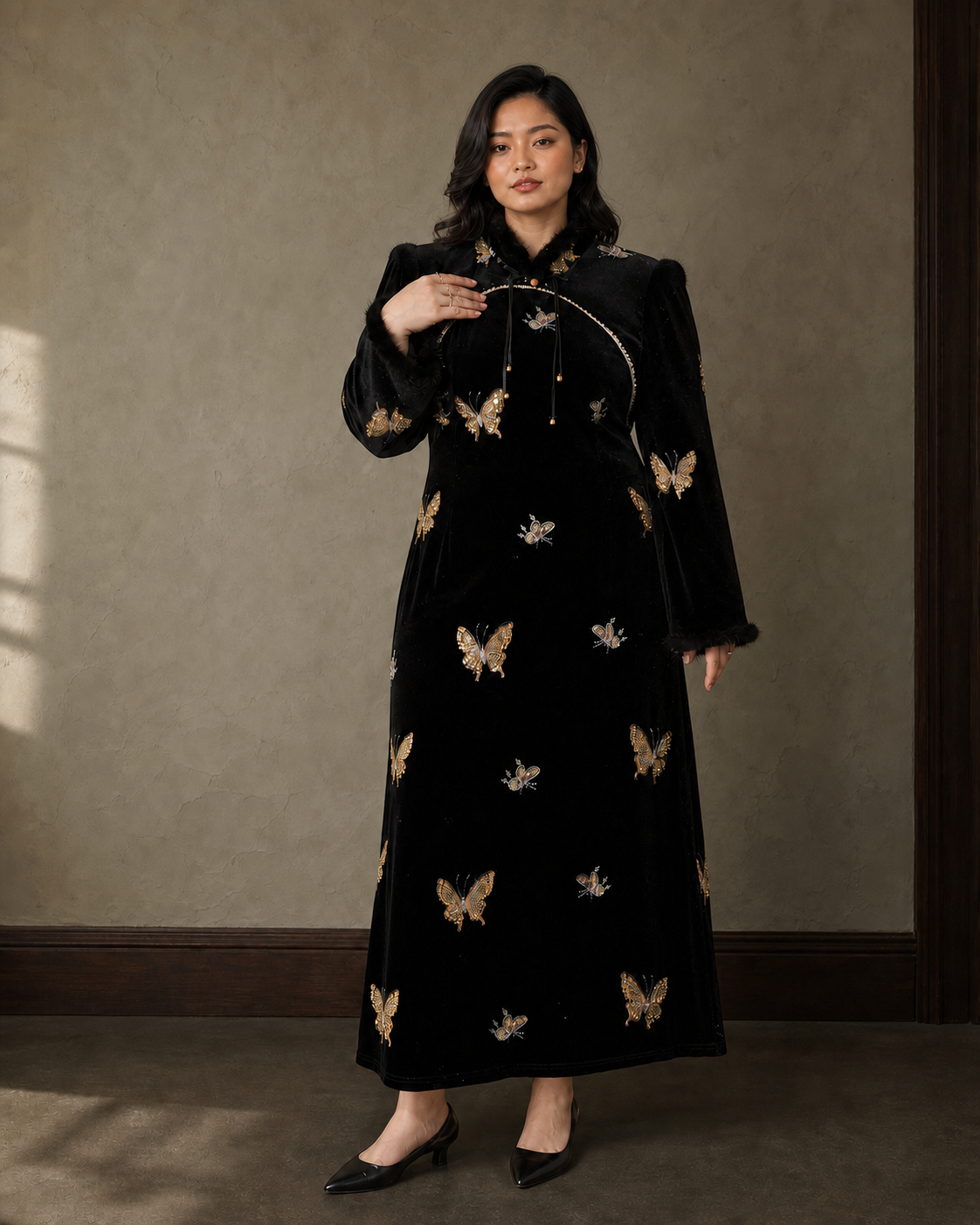 Plus size black velvet gold butterfly qipao Malaysian model view 4