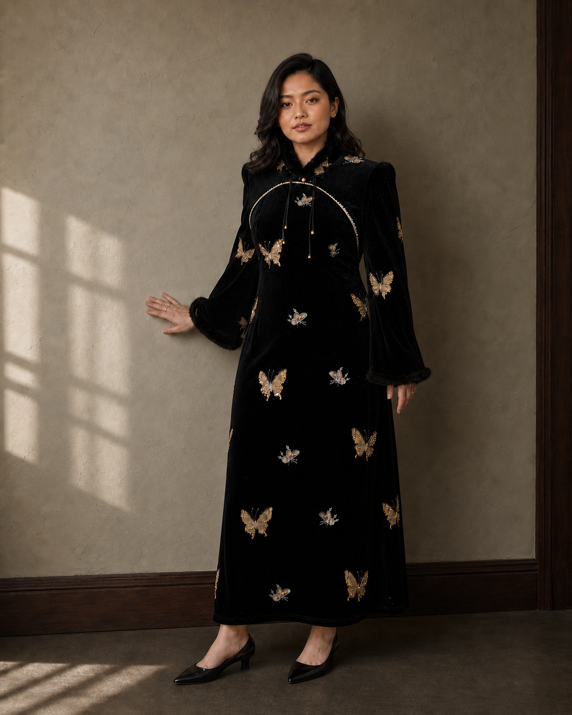 Plus size black velvet gold butterfly qipao Malaysian model view 5