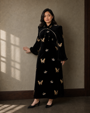 Plus size black velvet gold butterfly qipao Malaysian model view 5