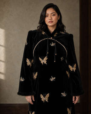 Plus size black velvet gold butterfly qipao Malaysian model view 6