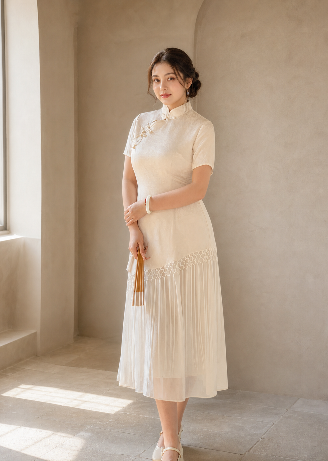 Cream jacquard tassel plus size cheongsam dress hero view