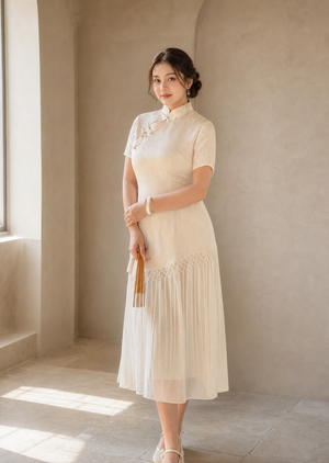 Cream jacquard tassel plus size cheongsam dress hero view