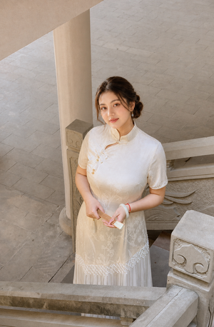 Cream cheongsam dress high-angle styling view