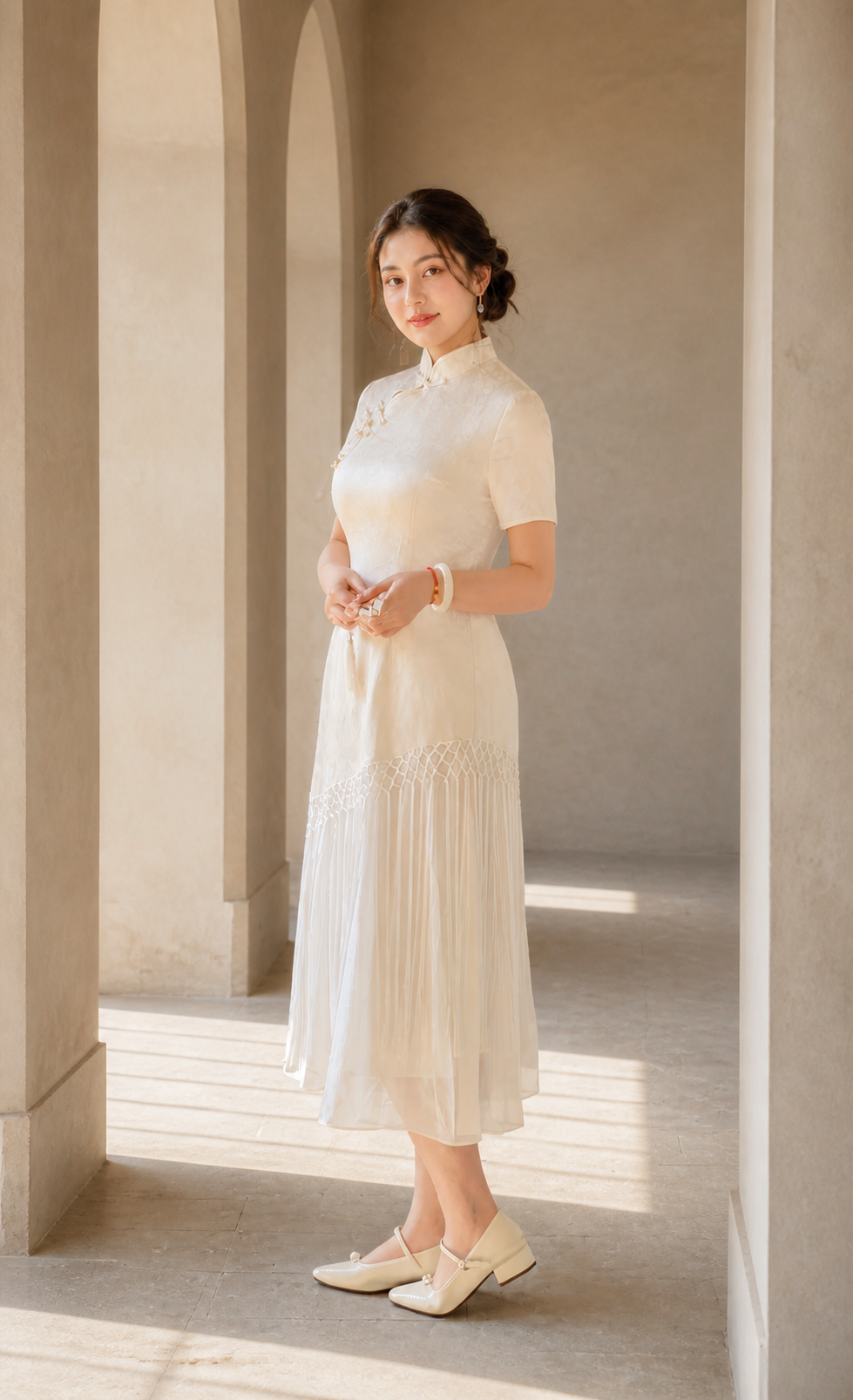 Cream tassel cheongsam full-length side view