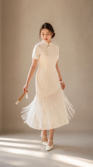Cream pleated cheongsam dress movement view
