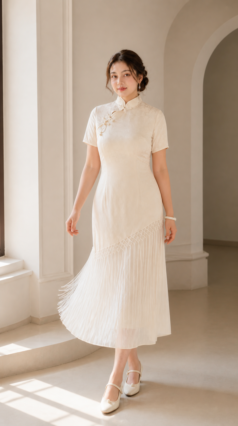 Cream jacquard tassel plus size cheongsam walking view