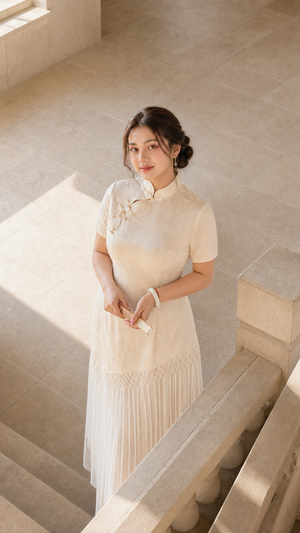 Cream jacquard tassel cheongsam high-angle view