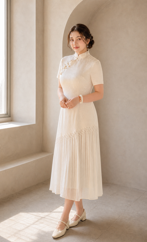 Cream jacquard tassel cheongsam full-length window view