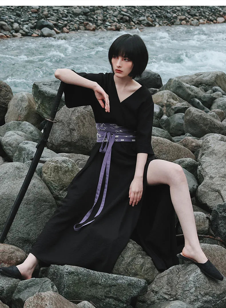 Chinese style improvement | Black retro New dress for women Black Belt(Long) / M Chinese style improvement | Black retro New dress for women Black Belt(Long) / M