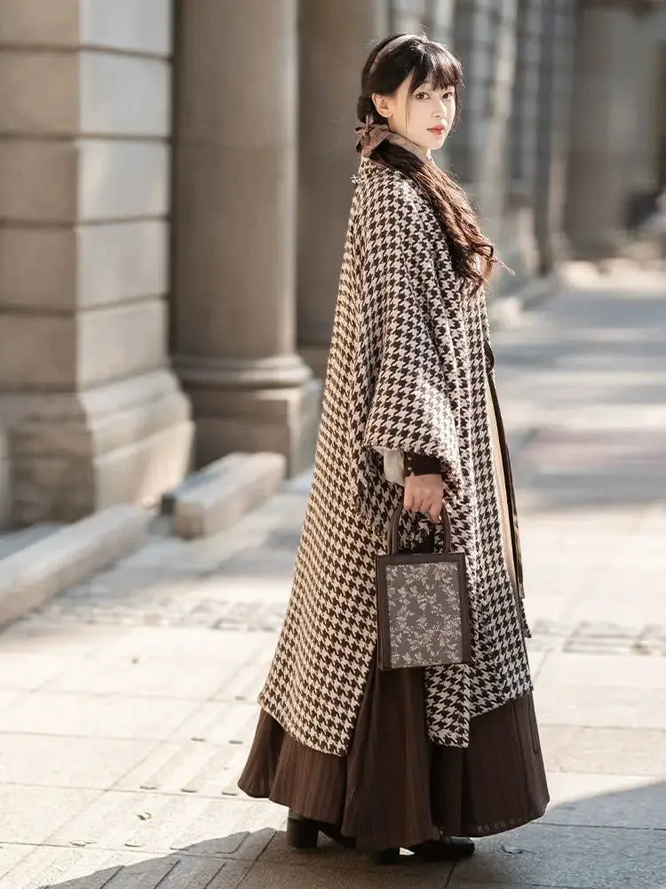 Authentic autumn houndstooth new chinese coat song inspired daily commuting wear for fall season standing front